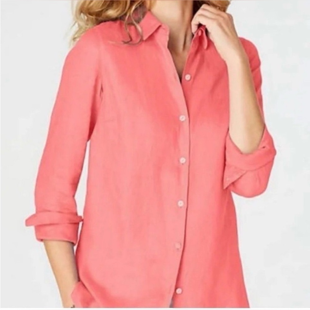 J Jill Love Linen Essential Shirt SZ LG Button Up Pink Coral Lagenlook